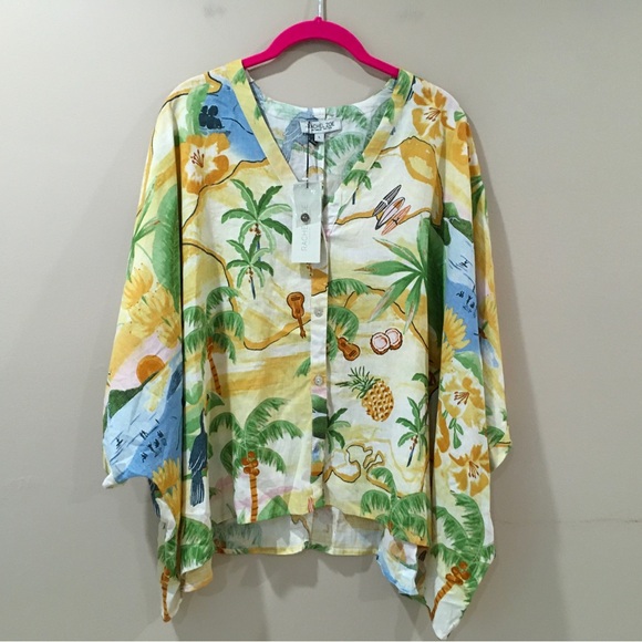 Rachel Zoe Shirt Top Oversize Linen Blend Tropical  Button Yellow Women L New - Picture 1 of 7